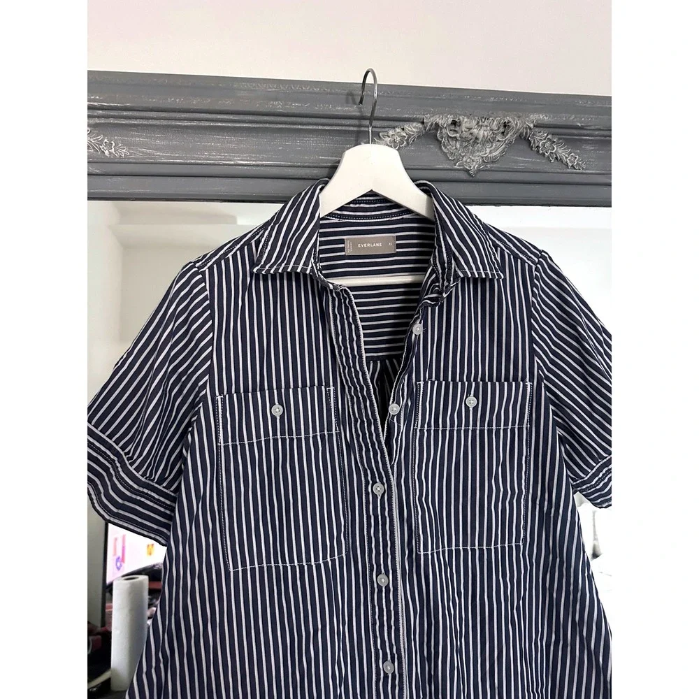 Everlane Daytripper Navy White Striped Cotton Shirt Dress High-Low Lagenlook XS - Picture 7 of 12